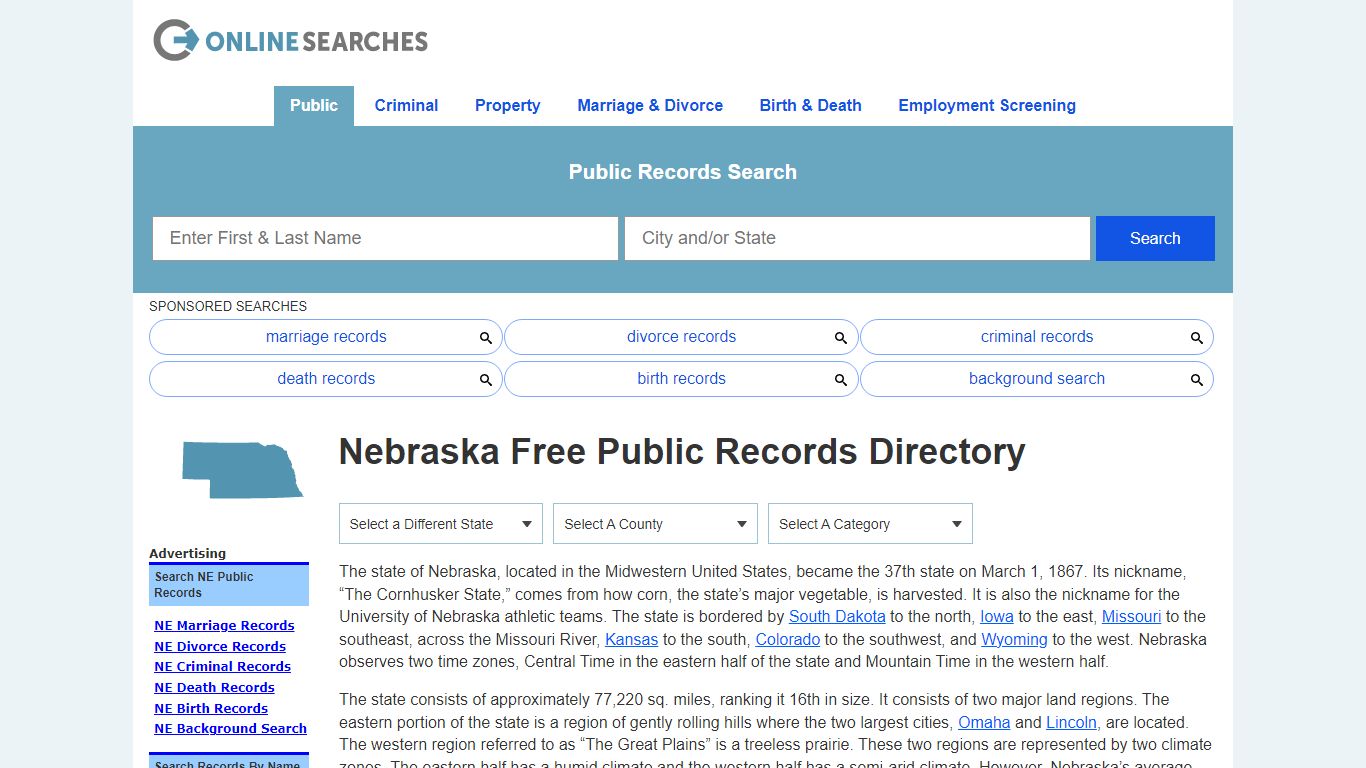 Nebraska Free Public Records Directory - OnlineSearches.com
